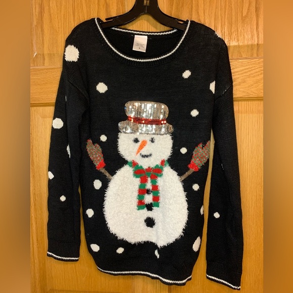 Snowman Ugly Christmas Sweater Black Size S Fuzzy Bling Bright Fun Snowflakes - Picture 1 of 4